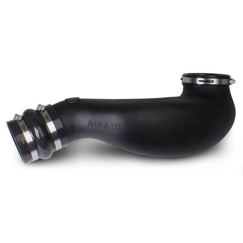 Airaid 200-912 black high-density polyethylene modular intake tube with red silicone couplers and stainless steel clamps.