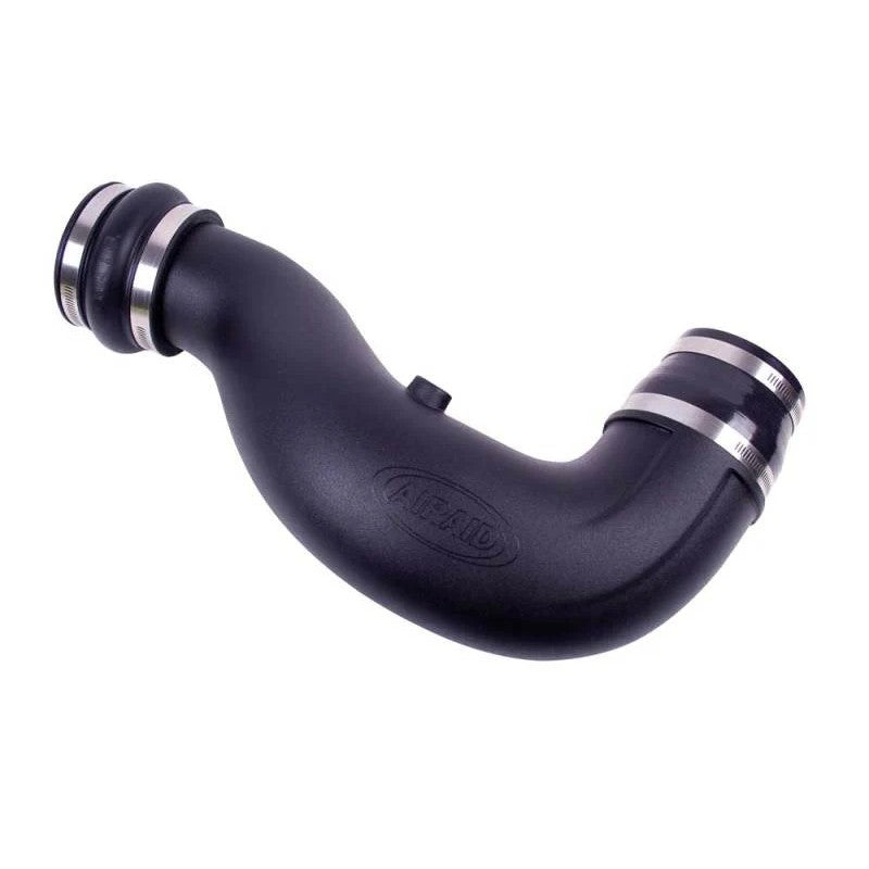 Black high-density polyethylene Airaid Modular Intake Tube with stainless steel clamps and silicone couplers.