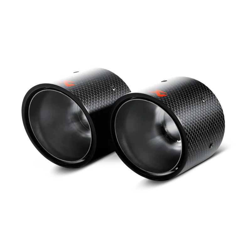 Akrapovic carbon fiber exhaust tail pipe tips with high-gloss finish and etched logo