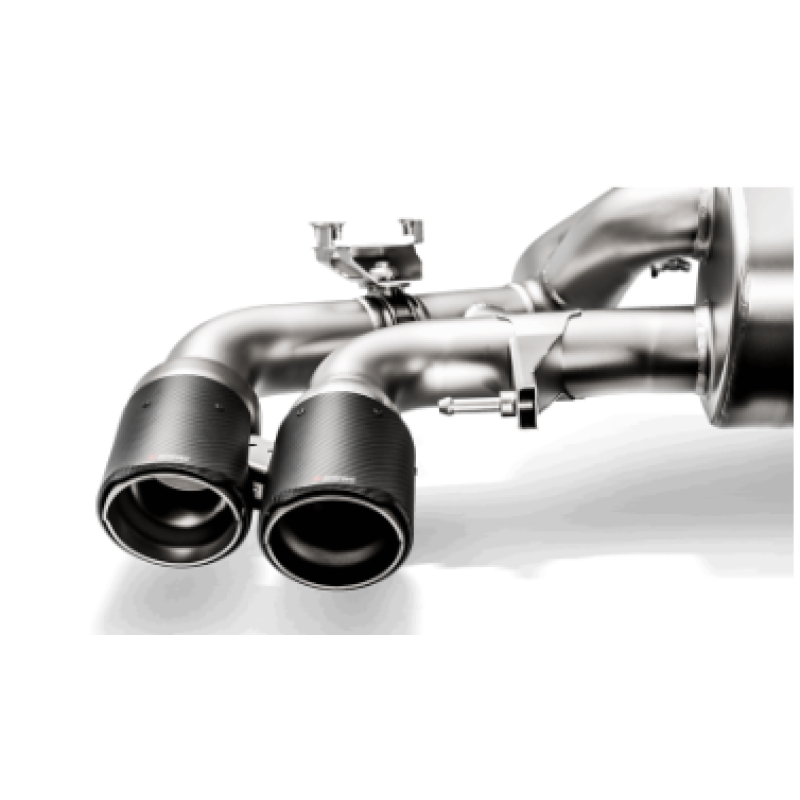 Set of four Akrapovic carbon fiber exhaust tail pipes with red and white logos for 2018-2020 BMW M5 F90