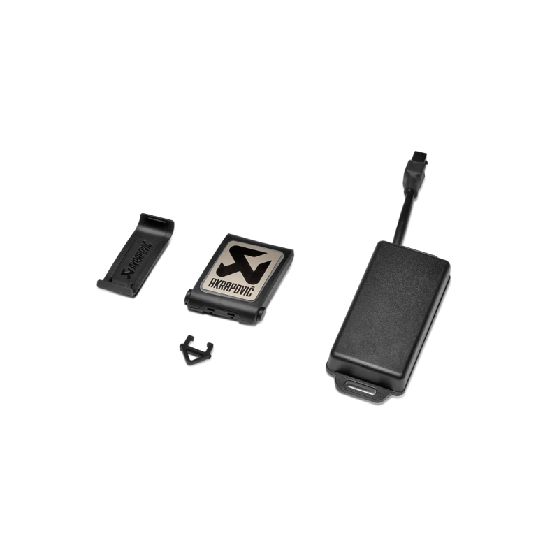 Akrapovic Sound Kit electronic receiver module and wireless remote controller for BMW exhaust valve control.