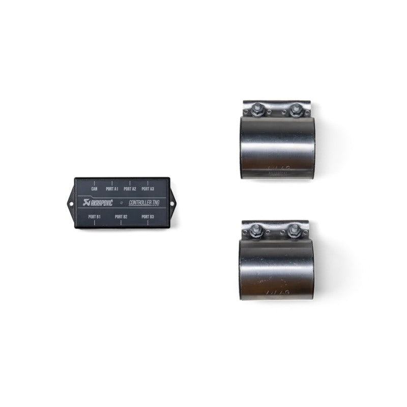 Akrapovic exhaust system fitting kit components, including clamps, bolts, and mounting hardware