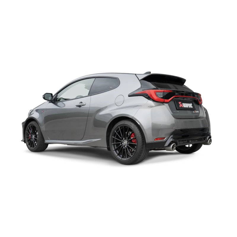 Akrapovic titanium Slip-On Race Line exhaust system with dual megaphone tailpipes for 2024+ Toyota GR Yaris