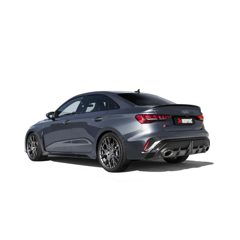Akrapovic Evolution Line titanium cat-back exhaust with dual carbon fiber tips for 2025 Audi RS3 Sedan.