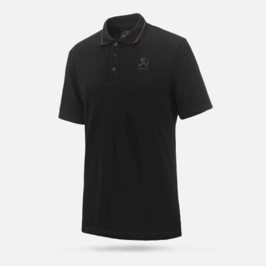 Akrapovic Corpo black pique polo shirt for men with red stitched detailing and a French collar