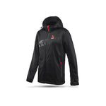 Black Akrapovic Corpo softshell jacket for men featuring red zipper highlights and adjustable cuffs.