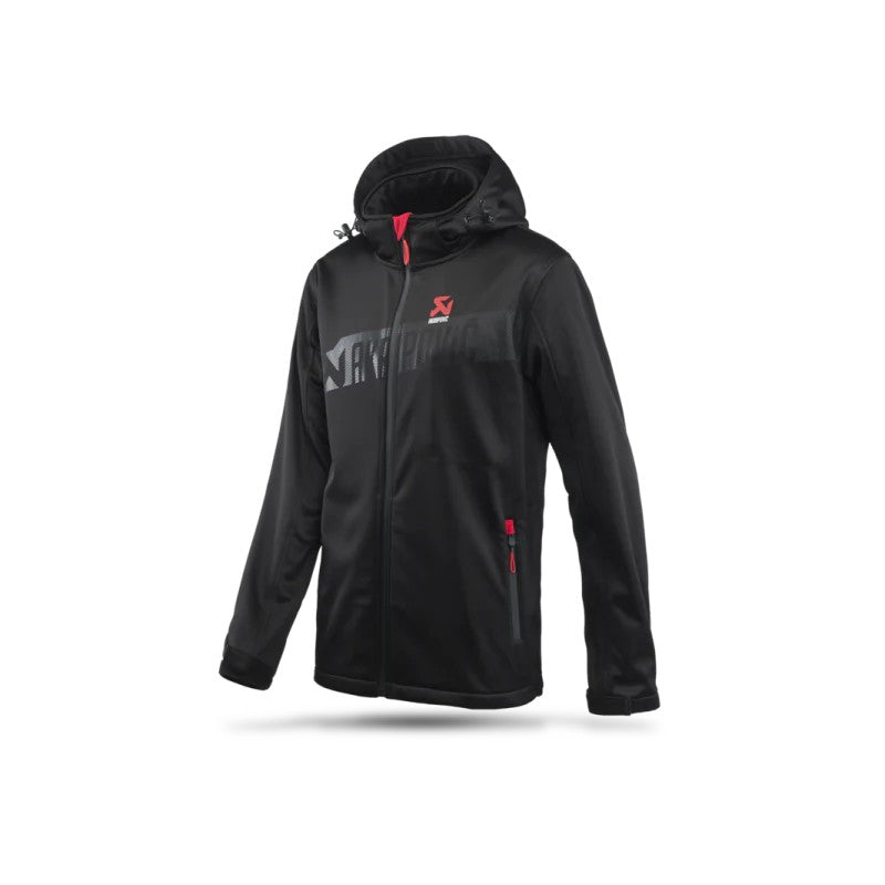 Black Akrapovic Corpo softshell jacket for men featuring red zipper highlights and adjustable cuffs.