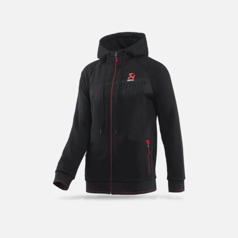 Black Akrapovic Corpo men's zip-up hoodie featuring 3D shadow print on front and red highlights.