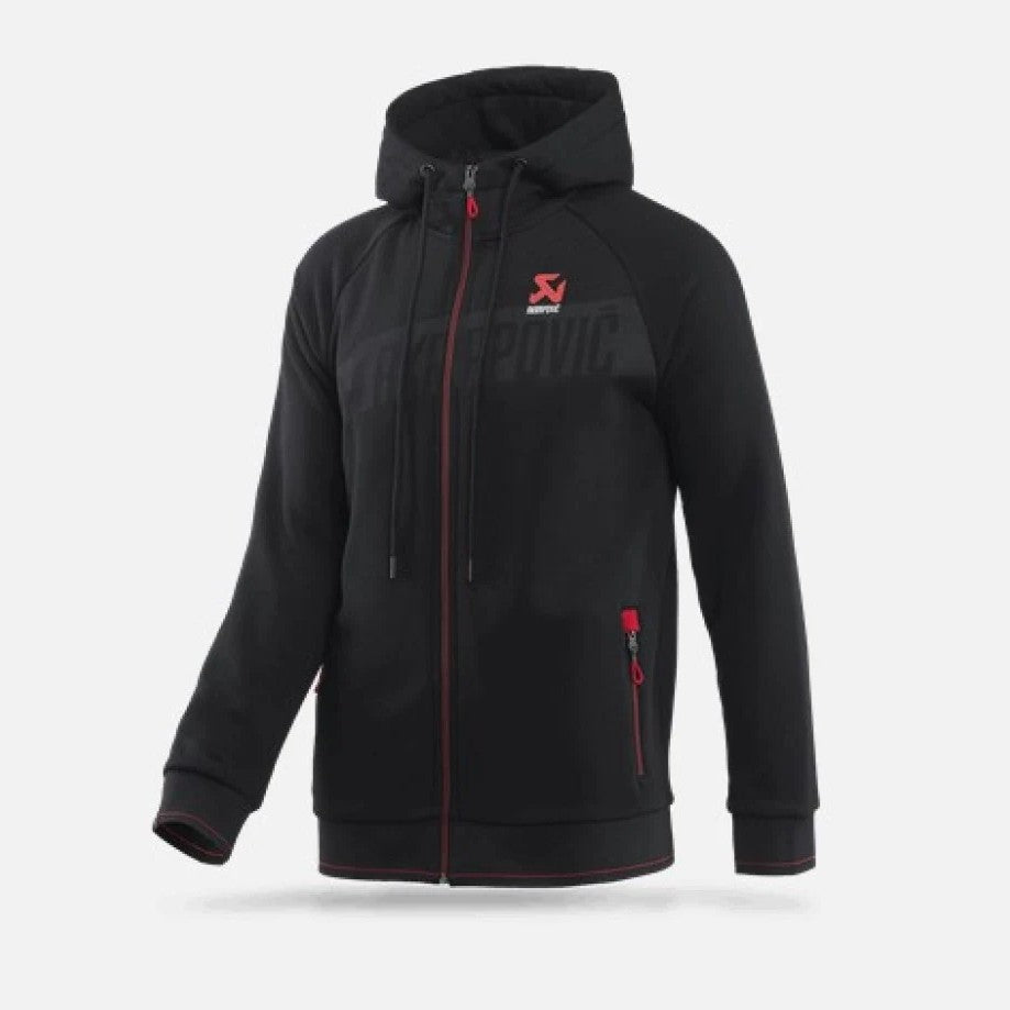 Akrapovic Corpo black men's zip hoodie featuring 3D shadow logo print and red accents.