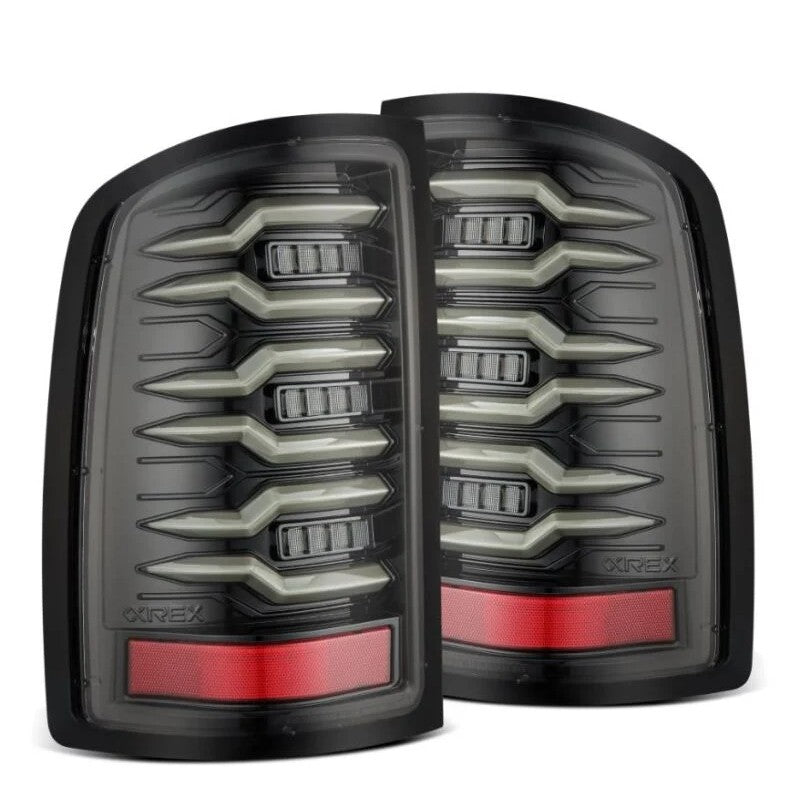AlphaRex Luxx Series LED tail lights with Alpha Black housing for 2007-2014 GMC Sierra HD trucks.