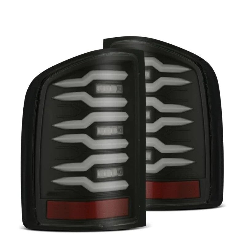 AlphaRex Luxx-Series LED tail lights with black housings and smoked lenses for 2007-2014 Chevrolet Silverado.