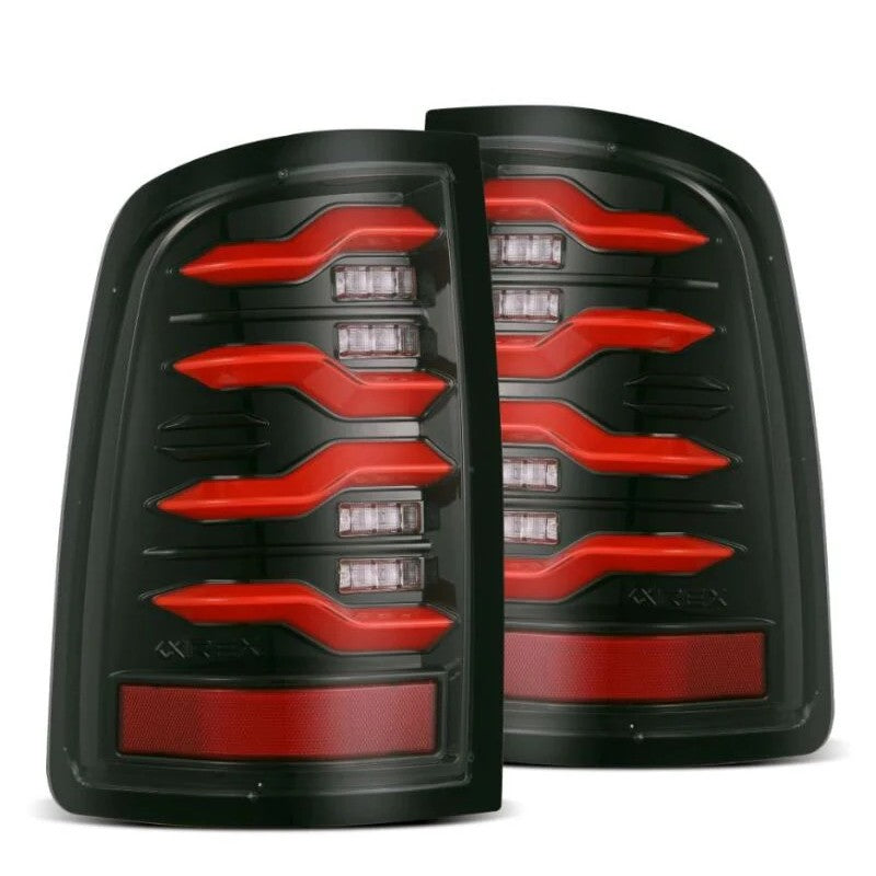 AlphaRex LUXX-Series LED taillights with black red housing and signature light tubes for 2009-2020 Ram trucks