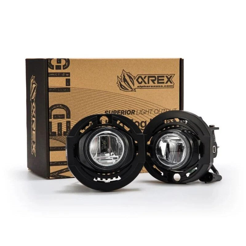 AlphaRex DoubleTap dual-color LED projector fog light housings featuring clear lenses and internal projector optics.