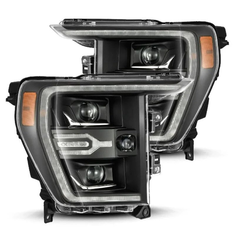 AlphaRex Luxx-Series black projector headlights for 2021-2023 Ford F-150 with LED signature lighting accents.