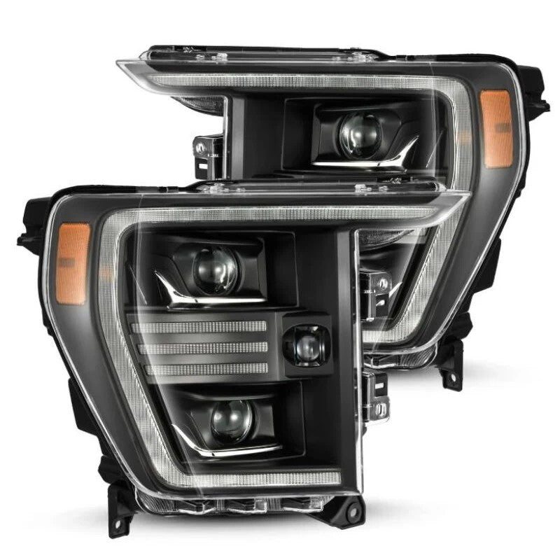 AlphaRex PRO-Series black housing projector headlights with LED light bar for 2021-2023 Ford F-150.