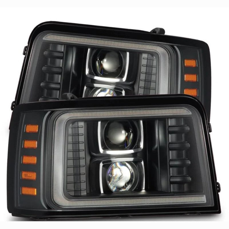 Black AlphaRex LUXX-Series projector headlights with switchback DRL for 1992-1996 Ford F-150, F-250, F-350, and Bronco.