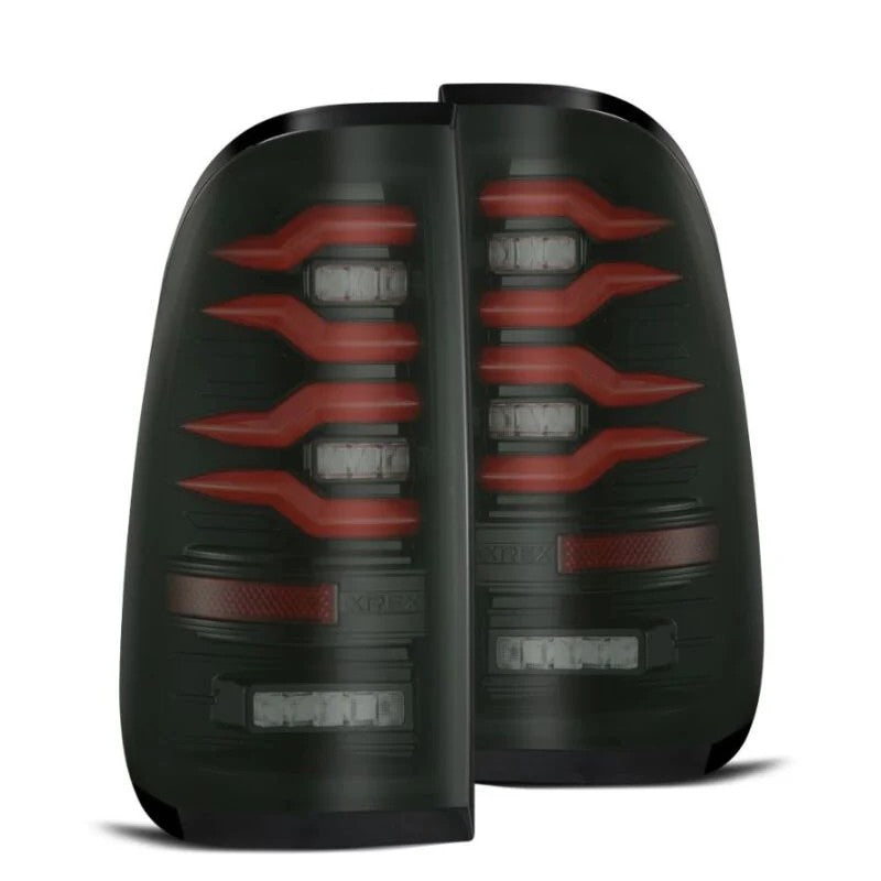 AlphaRex LUXX-Series LED tail lights in Black/Red for 1997-2016 Ford F-150 and Super Duty trucks.