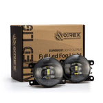 AlphaRex DoubleTap LED projector fog light units showing switchable white and amber dual-color illumination.