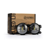 AlphaRex DoubleTap dual-color white and amber LED projector fog lights with mounting brackets.