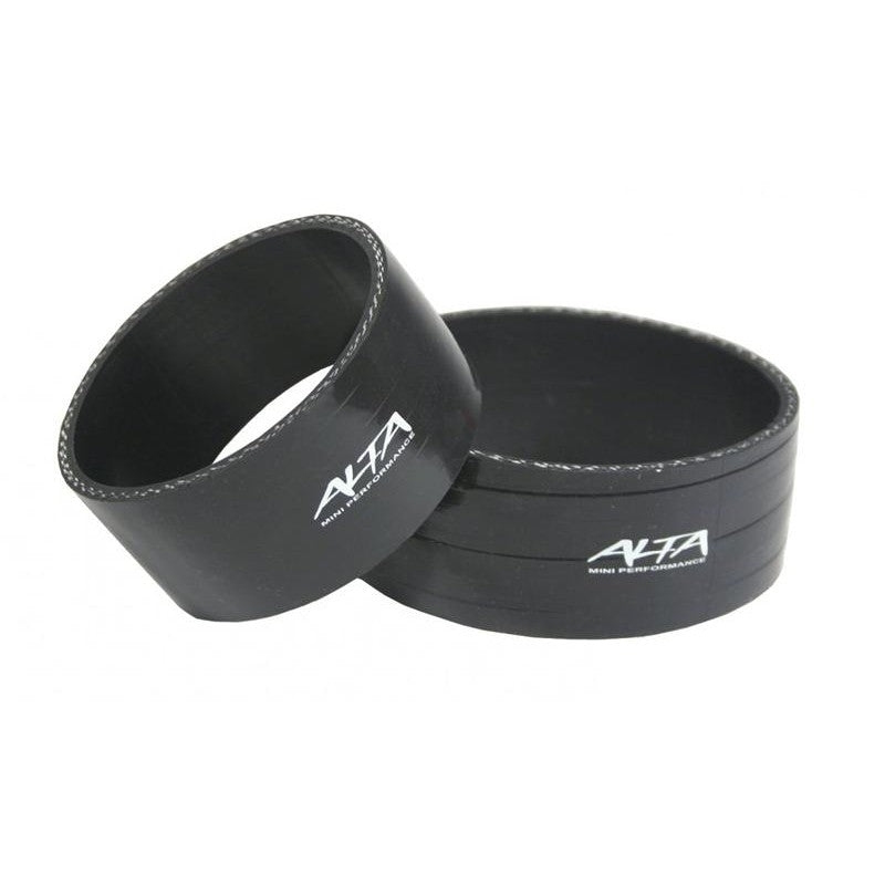 A pair of black ALTA Performance reinforced silicone boost couplers for 2002-2008 Mini Cooper S.