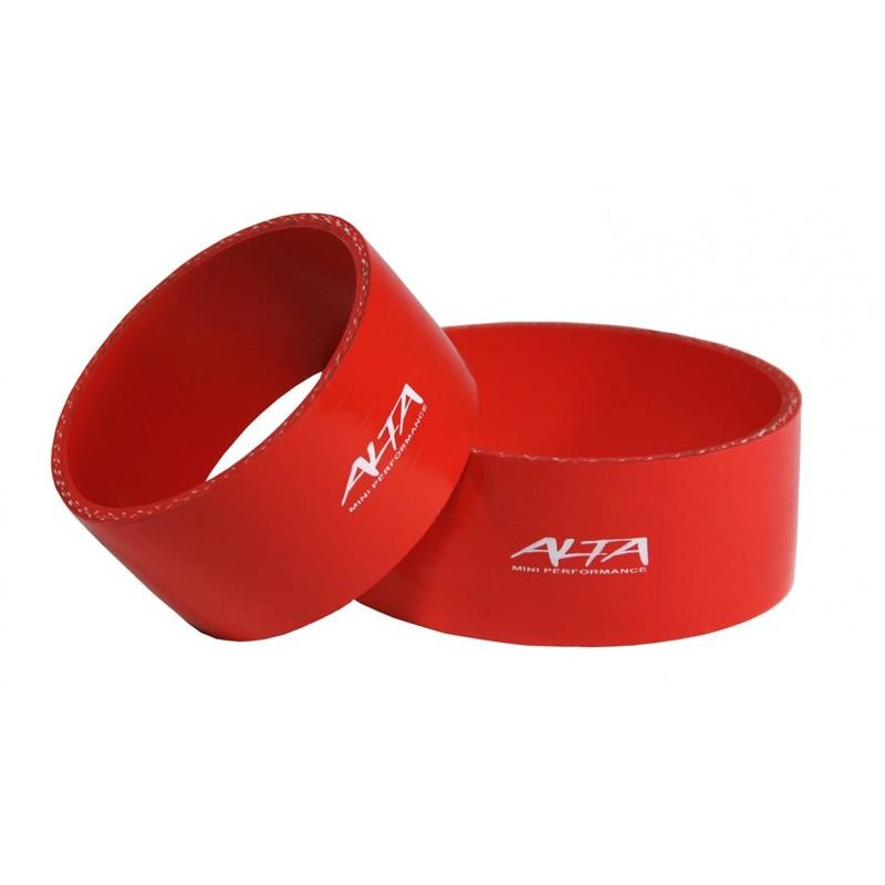 A pair of red ALTA reinforced silicone boost couplers for 2002-2008 Mini Cooper S supercharged engines.