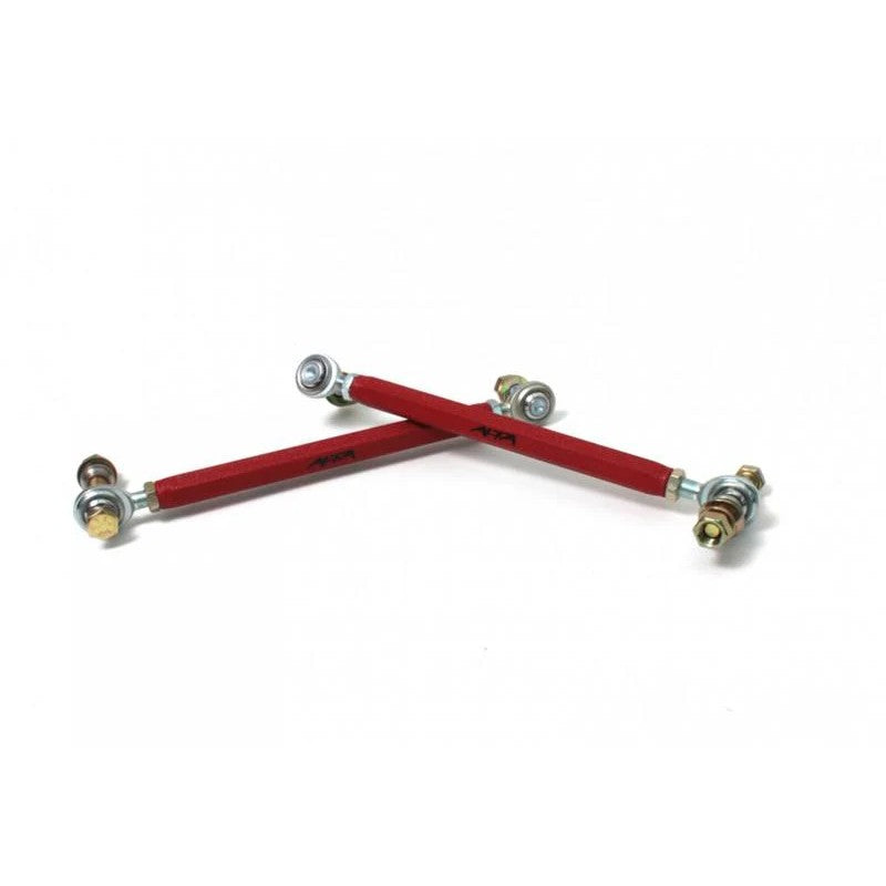 A pair of red powder-coated ALTA Performance adjustable rear sway bar endlinks with mounting hardware.