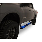 Black AMP Research PowerStep automatic electric running board shown in the extended position.