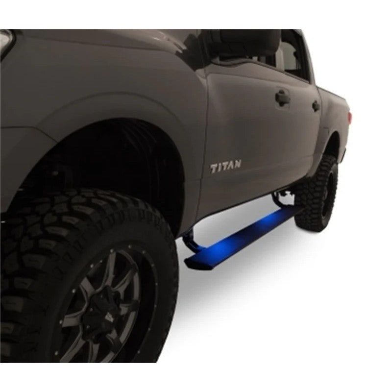 Black AMP Research PowerStep automatic electric running board shown in the extended position.