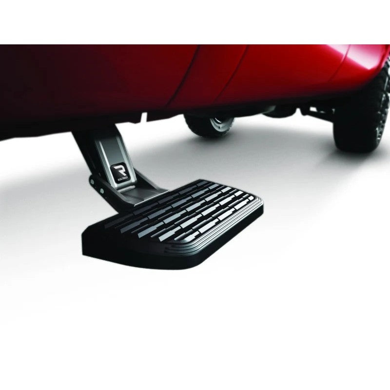 Black retractable AMP Research BedStep2 side-mounted truck step for 1999-2016 Ford F-250 and F-350 Super Duty trucks.