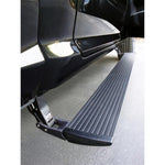 Black AMP Research PowerStep electric running boards deployed on a Ram truck showing the LED lighting and texture.