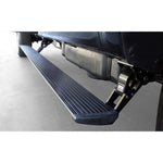 AMP Research PowerStep XL black electric running boards in retracted and deployed positions on a white heavy-duty truck.