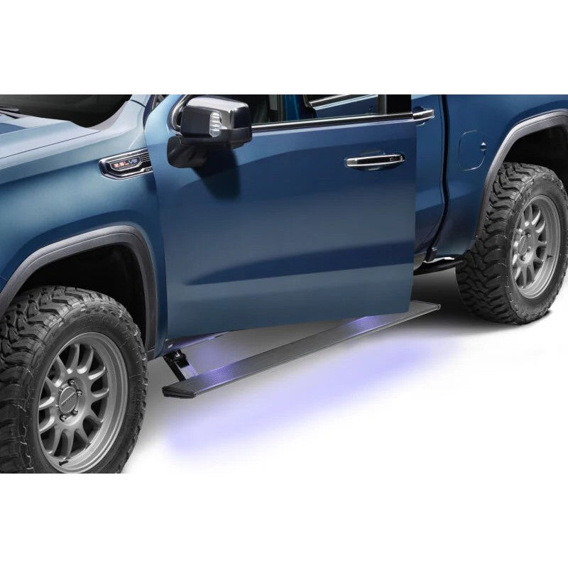 AMP Research PowerStep Xtreme electric running boards with dual motors for 2022-2026 Chevy Silverado and GMC Sierra.