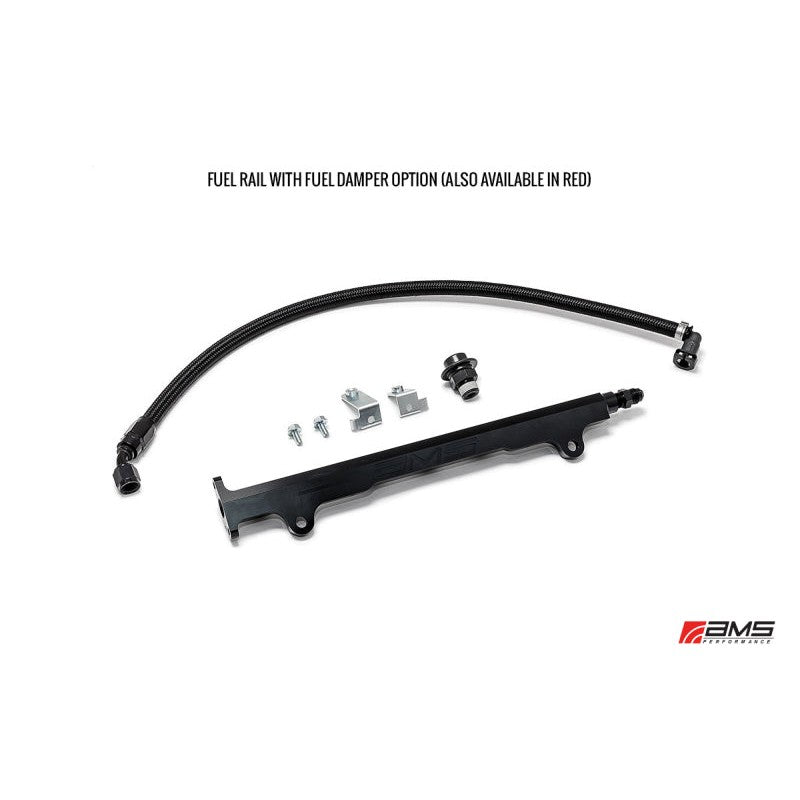 Red anodized CNC machined aluminum fuel rail with AMS logo for Mitsubishi Evolution X.
