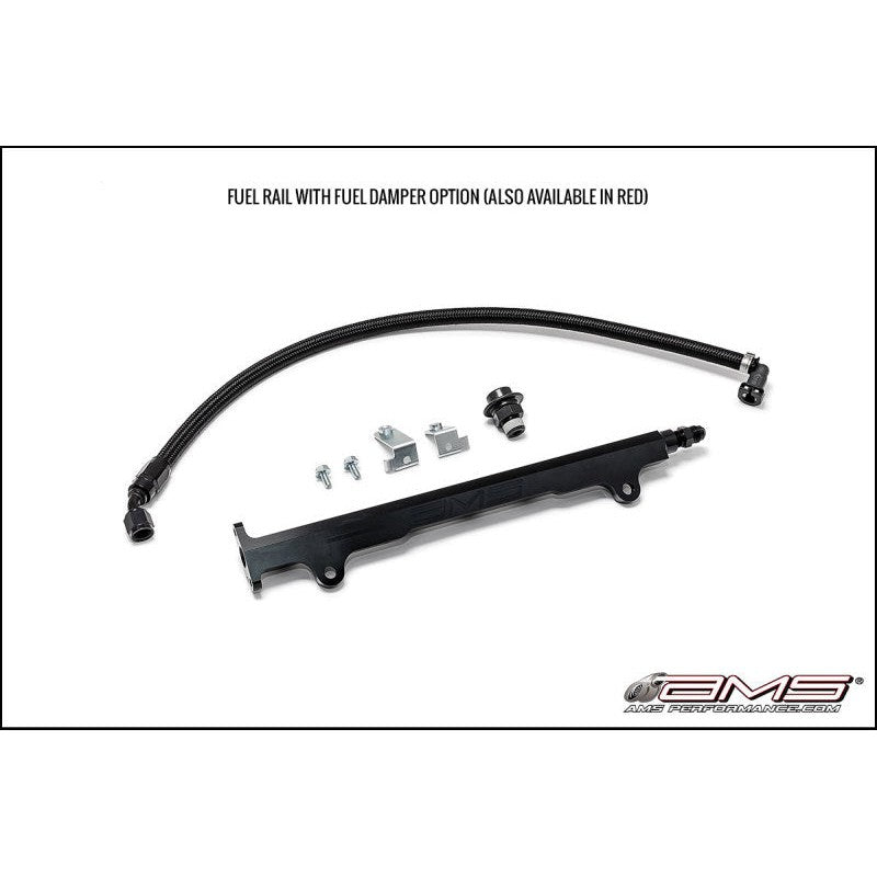 Black anodized CNC machined aluminum fuel rail for 2008-2015 Mitsubishi Lancer Evolution X with pulsation dampener.