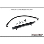 Black anodized CNC machined aluminum fuel rail for 2008-2015 Mitsubishi Lancer Evolution X with pulsation dampener.