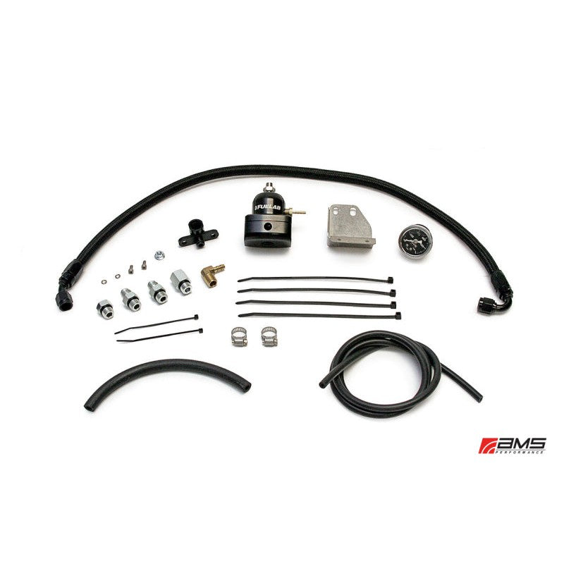 AMS Performance black fuel pressure regulator kit with braided lines and hardware for Mitsubishi Evolution X