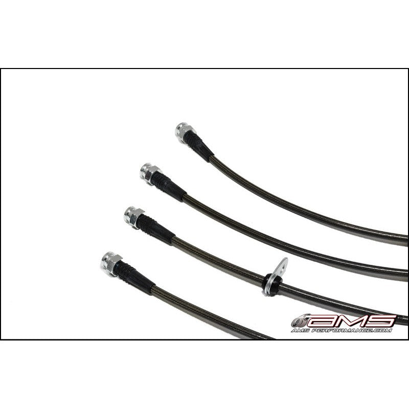 Four AMS Performance stainless steel braided brake lines for 2008-2015 Mitsubishi Lancer Evolution X.