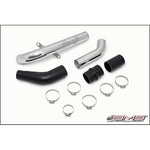 Polished 2.5-inch mandrel-bent aluminum upper intercooler pipe with black silicone hump hose and couplers.