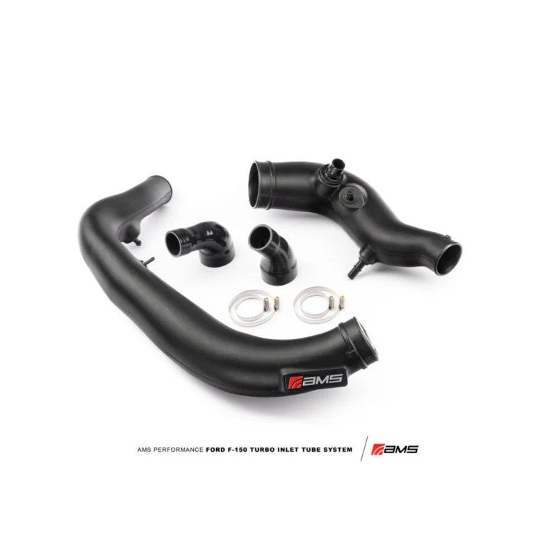 Pair of AMS Performance Turbo Inlet Tubes, possibly black or polished, for a Ford F-150 3.5L EcoBoost engine.