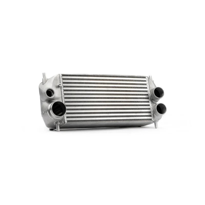 Silver AMS Performance stock location intercooler with stencil logo for 2015+ Ford F-150 and Raptor 2.7L/3.5L EcoBoost