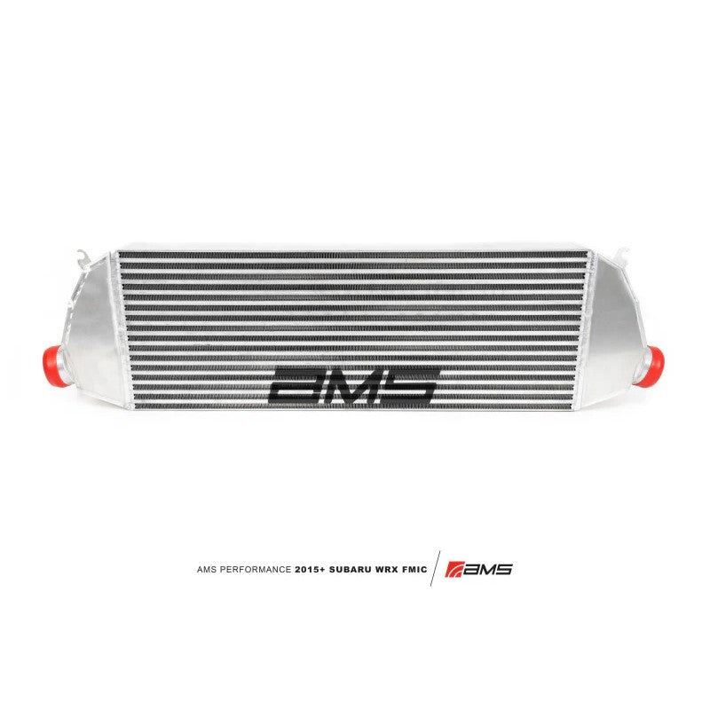 Silver AMS Performance front mount intercooler with aluminum end tanks and 28.5-inch core for 2015-2021 Subaru WRX.
