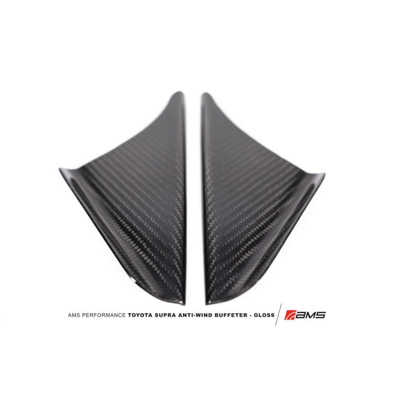 Gloss carbon fiber anti-wind buffeting deflectors for a 2020-2021 Toyota GR Supra