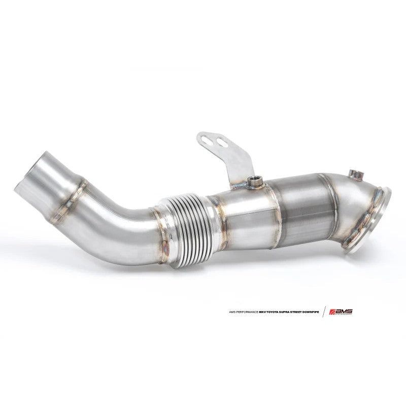Stainless steel AMS Performance street downpipe with integrated GESI catalytic converter for Toyota Supra A90.