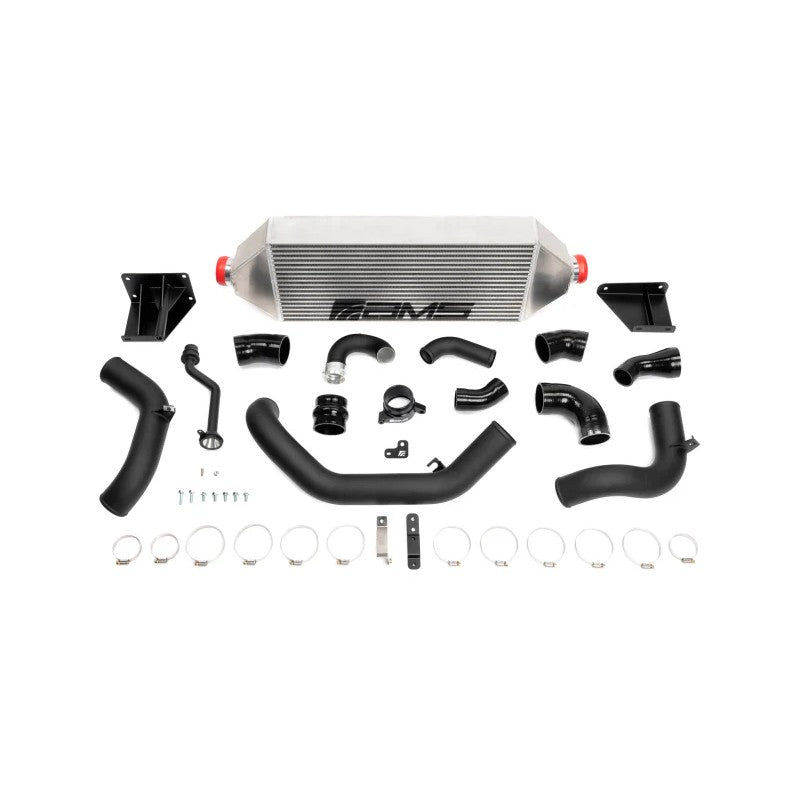 AMS Performance front mount intercooler core with black charge pipes, shown in a kit for 2022+ Subaru WRX.