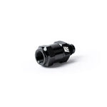 AMS Performance black inline fuel pulsation damper with -6AN fittings on both ends.