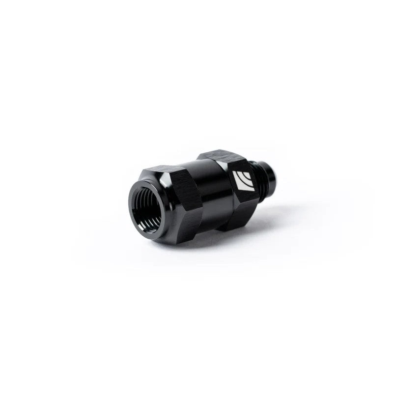 AMS Performance black inline fuel pulsation damper with -6AN fittings on both ends.
