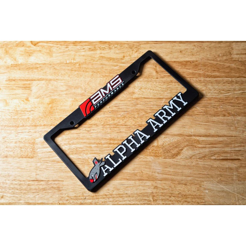 AMS Performance Alpha Army branded license plate frame with white and red logos