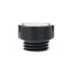 Black anodized billet aluminum engine oil cap with knurled edge and white AMS Performance logo