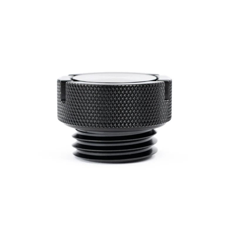Black anodized billet aluminum engine oil cap with knurled edge and white AMS Performance logo