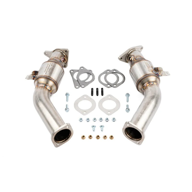 Bare metal AMS Performance VR30DDTT street lower downpipes with integrated GESI catalytic converters